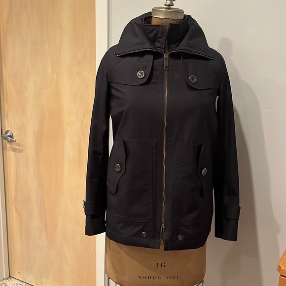 Authentic Women Burberry London navy blue rain coat jacket hooded size Xs